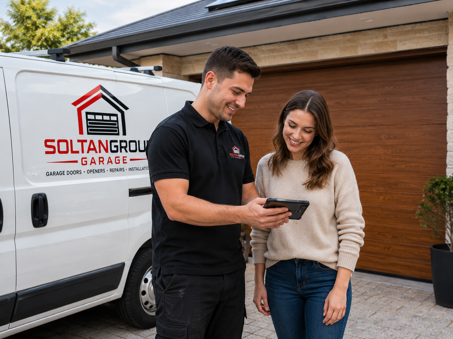 Soltan Group Garage technician reviewing completed service details with homeowner