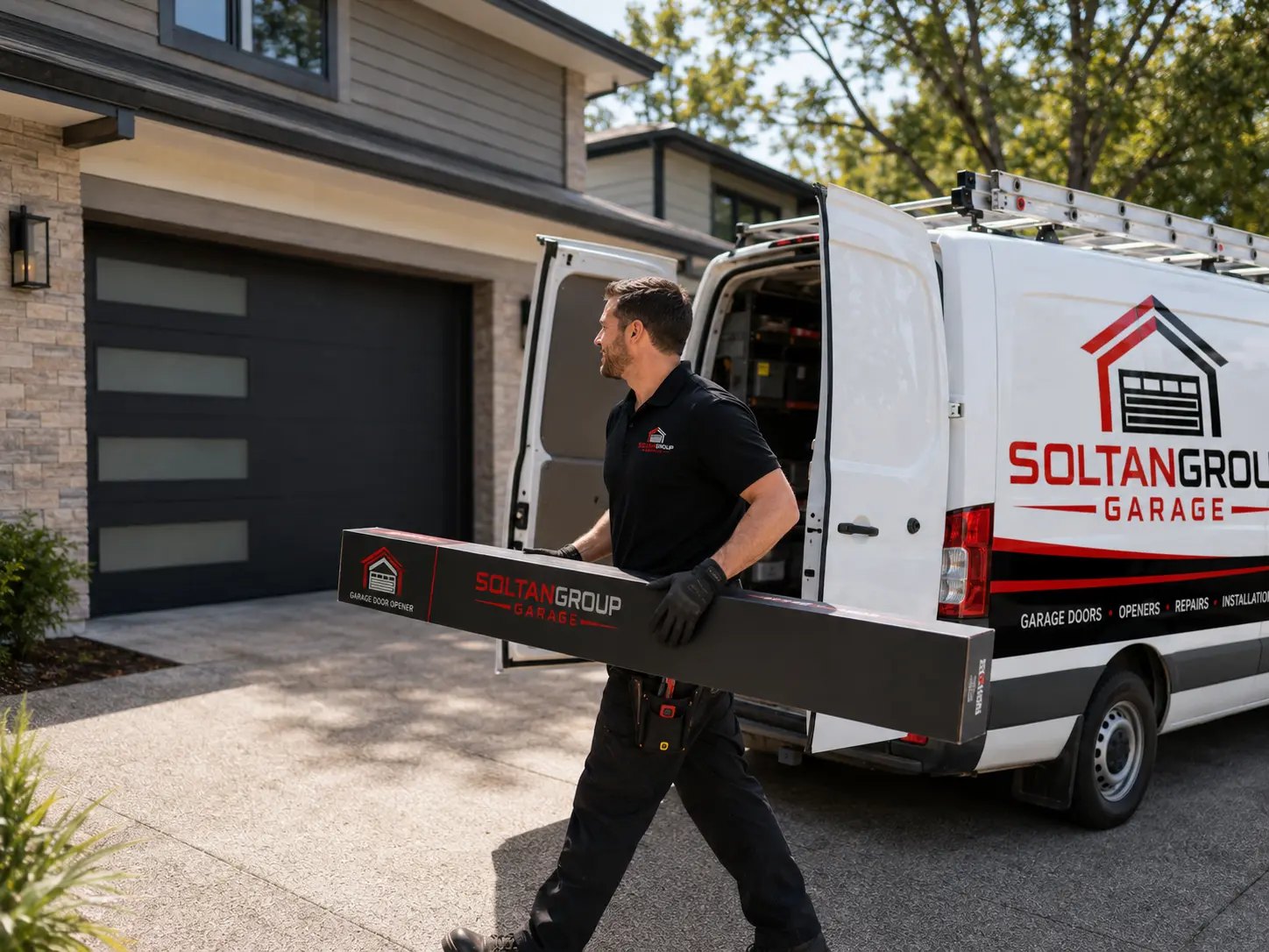 After — modern new garage door installed by Soltan Group